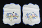 3 Vintage Table Linens Hand Embroidered Crochet-edge Blue Birds Flowers Doilies