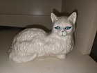 Vintage White Ceramic Kitty Cat Kitten Statuette W  Blue Eyeliner Signed  As Is 