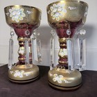 Victorian Pair Of Ruby Bohemian And Hand-painted Lusters