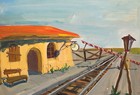 Vintage Fauvist Gouache Painting Landscape Railroad Train Station