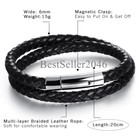 Men Black Braided Leather Bracelet Bangle With Stainless Steel Magnetic Clasp 8 