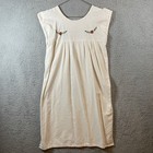 Handmade Mexican Huipil Cotton Dress Beige Embroidered Floral Medium Traditional