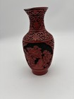 Chinese Red Carved Cinnabar Vase Blue Enamel Brass Lined Approx 7 25   