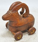Vintage Wooden Ram Goat On Wheels Figurine Spice Box Original Old Hand Carved