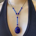 Vintage Scarab Necklace Egyptian Revival Pendant Antique Czech Cobalt Blue Glass