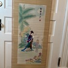 Vintage Asian Bamboo Handpainted Silk Embroidered Scroll Wall Hanging Geisha