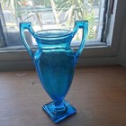 Tiffin Glass Urn Art Deco Vase Double Handled  Aqua Blue 11   Glows 