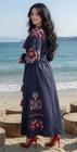 Women s Ukrainian Vyshyvanka Blue Linen Blend Embroidered Midi Dress