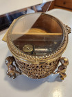 Vtg Filigree Ormolu Jewelry Casket Beveled Glass Cherub Feet Trinket music Box
