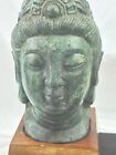 Vintage Thai Cast Metal Buddha Head Bust Wooden Pedestal Base Patina