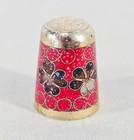 Vintage Cloisonne Enamel Sewing Thimble Floral Gold   Red Accents Blue Interior