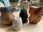 Vintage Owl Collection Lot Of 4 Mixed Materials Handmade Ceramic  Wood  Lucite