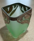 Antique Art Nouveau Green Satin Glass Bowl Floral Metal Overlay Footed C1900