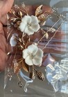 2  Pair Of Gold Tone Hair Combs Floral White Flowers Combs   Bobbie Pins W Box