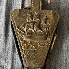 Vintage Wood Brass Leather Fireplace Bellow Carved Ship At Sea Design Mcm Decor