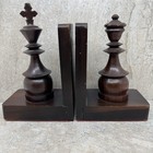 Vintage Mid-century Mahogany Chess Piece Bookends     King   Queen Pair