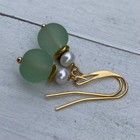 Min Favorit Sea Green Sea Glass  White Button Pearl   Gold Pl Drop Earrings