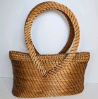 Natural Stitched Weaved Handbag Purse Boutique Large Circular Handles Gold Tan
