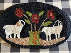 Primitive Wool Rug Hooking sheep ram flowers mat 16  X 10  estate Sale Find