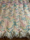 Vintage Handmade Crochet Afghan Throw Blanket Zig Zag Pink White Green Fringe