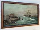 Antique Large Nautical Maritime Seascape Tall Ship Floundering Oil Painting