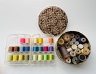 Vtg Wooden Spools Many Silk  Vintage Plastic Case holder    Tin - Very Good