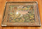 1880s Victorian Needlepoint Farm Sheep Herder Scene Landscape Gold Frame 18x21