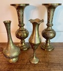 Vintage Set Of 4 Solid Brass Etched Bud Vases-hand Made In India C  1955