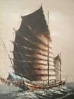 Chinese Junk Fishing Boat Vintage Signed Midcentury Impasto Oil Ship Painting