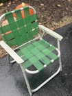 Vintage Mid Century Child s Folding Aluminum Lawn Chair Green Webbed Patio Seat