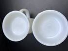 Vintage Embossed Federal White Milk Glass Beer Mugs Pair Tavern Scene Tankards