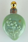 Vintage Green Glass Heart Shapped Snuff Bottle - Floral Design Snuff Bottle