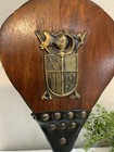 Vintage Wood   Leather Brass Shield Coat Of Armor Fireplace Bellows Fire Stoker