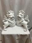 Pair White Ceramic Foo Dog Guardian Lion Lantern Sculptures Asian Decor Set