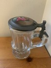Antique 1800s German Glass Beer Stein W  Pewter   Hand-painted Porcelain Lid 7 