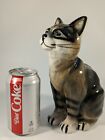 Vintage Porcelain Ceramic Striped Gray Cat Figurine Statue  9  Tall  