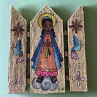 Vtg 1970   s Mexican Burlap Folk Art Panelpainting Colorful Angel Triptych  Signed