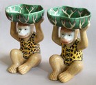 Vtg Pair Chinese Tobacco Leaf Chinoiserie Monkeys Holding Bowls