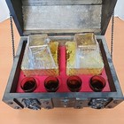 Vintage Wood Treasure Chest Bar Set With 2 Amber Liquor Decanters 4 Shot Glasses