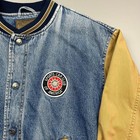 Vintage 90s Denim Varsity Bomber Jacket Mens L Blue Tan Sports Car Club Patch