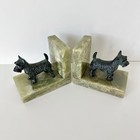 Vintage Scottish Terrier Scottie Dog Green Onyx Stone Bookends Cast Metal Pair