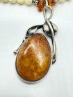 Rare Vintage Amber   Mother Of Pearl Beaded Sterling Silver 925 Pendant Necklace