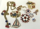 Vintage Jewelry Lot Enamel Estate Jewelry Red White Blue 10 Pc Pins Necklace