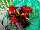 Late Summer Floral Tiara Red Flowers Pinecones Fall Leaves Purple Ribbon Accents