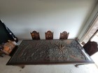 Hand-carved Antique Dining Set - Large Table  Glass Insert  8 Chairs   Cushions