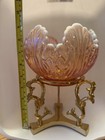 Fenton Empress Lotus Pink Opalescent Iridescent Rose Bowl - Brass Stand
