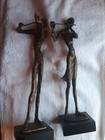 Vtg Mid Century Brutalist Violin Player Flute 15  Pair Bronze Statue Sculpture