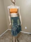 Women   s Aquamarine Denim Cotton Boho Beads Lace Stretch Size S 4-6  Skirt 3256