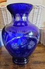 Blue Cobalt Cut To Clear Glass Vintage Bohemian Etched 10 5  Flower Vase 60s 