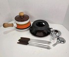Vintage Mcm Brown Orange Speckled Aluminum Fondue Pot Base Stand Forks